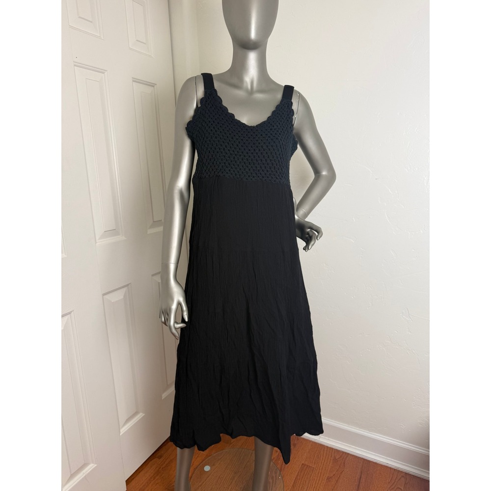 Studio West Black Crochet Bodice Crinkle Gauze Boho Midi Dress S